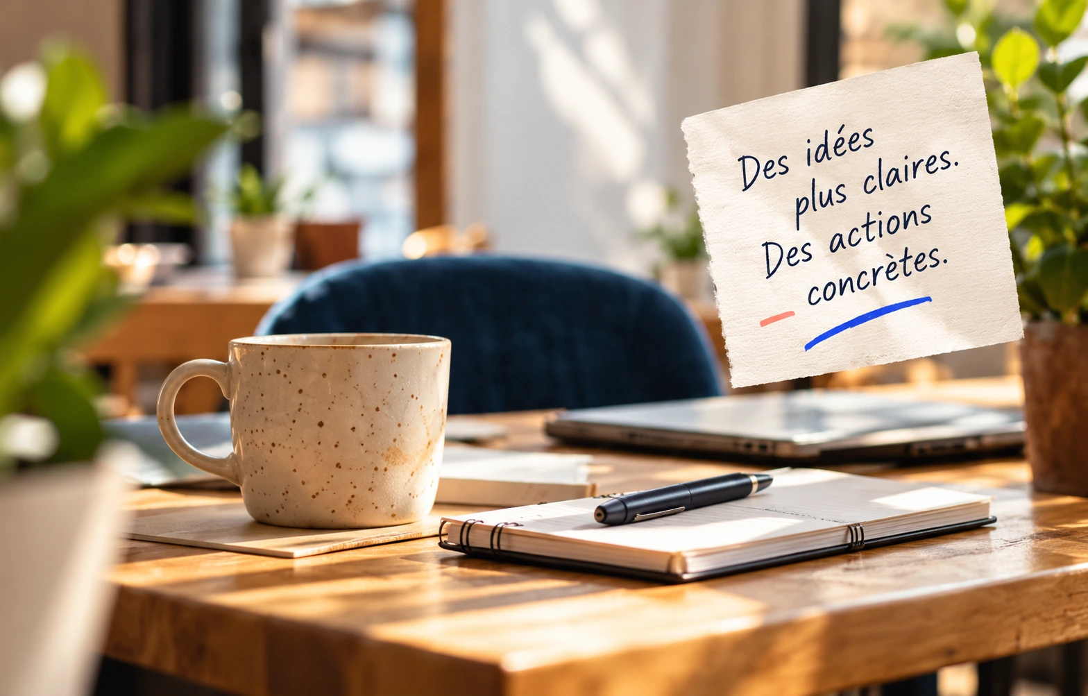 Un carnet, une tasse et une note : des idées plus claires, des actions concrètes.